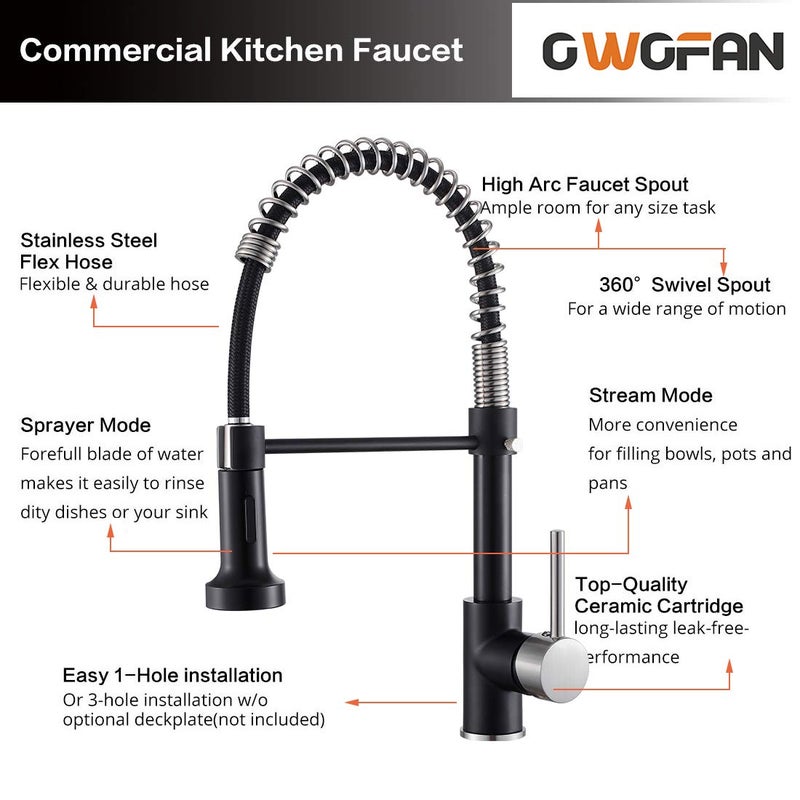OWOFAN Low Lead Modern Single Handle Pull Down Sprayer Spring Kitchen Faucet, Brass Black&Brushed Nickel Kitchen Sink Faucets - Image 4